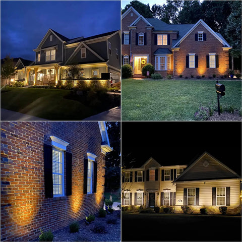 Houses illuminated with Two Pack Low Voltage Wall Wash Lights 12V LED Landscape Lighting 18W 600 Lumen Warm White 2700K Outdoor Spotlight