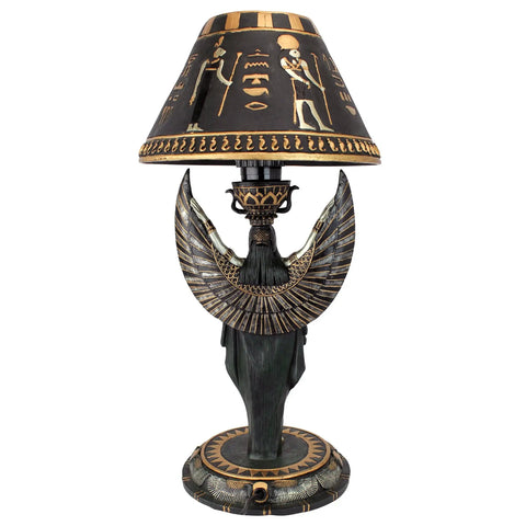 Isis Goddess Desk Table Lamp Egyptian Mythology Decor Sculptural Stone Resin Accent Light in Black and Gold Finish with ornate shade