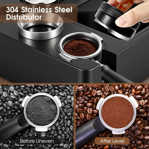 Kickass 58mm Espresso Accessories Kit With Integrated Tamping Station Knock Box Tamper showing 304 stainless steel distributor with ground coffee.