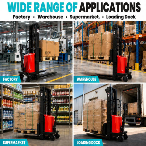 Heavy Duty Semi Electric Pallet Stacker Boasting 3,306 Lbs Capacity And Nearly Eight Feet Lift Height For Smooth Forklift Work In Your Warehouse in factory and warehouse settings.