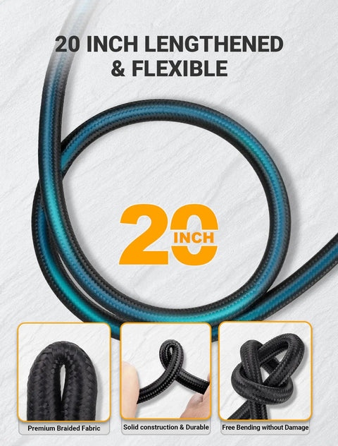 20 Inch Tire Inflator Hose Adapter with braided nylon wrapping and flexible design in a coiled position for easy access.
