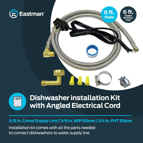 6 Ft Braided Stainless Steel Dishwasher Supply Line With 3 8 Inch Compression Ends Installation Kit For Most Dishwashers Flexible Water Connector For Easy Leak Free Hookups with angled electrical cord and fittings