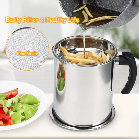 A Total Game Changer, This Heavy Duty Bacon Grease Keeper Boasts A Fine Mesh Strainer, 74 Oz Stainless Oil Jug For Kitchen Frying And Roasting, No Fuss Spill Proof Lid, Solid Grip Handle Included, pouring grease with fries nearby.