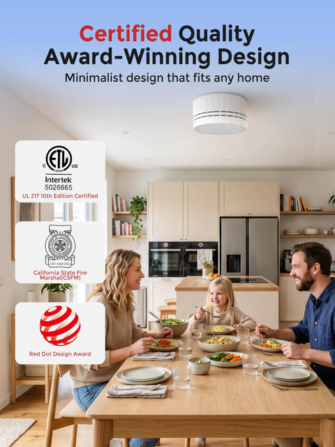 Hella Smart Smoke Detector With Matter Thread Protocol Integrated Temp And Humidity Gauge Plays Nice With Alexa Google Home And SmartThings displayed in a modern kitchen.
