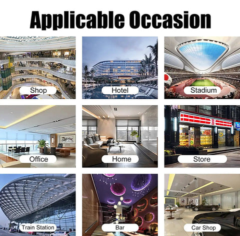 Various locations for application, including shop, hotel, stadium, office, home, store, train station, bar, and car shop.