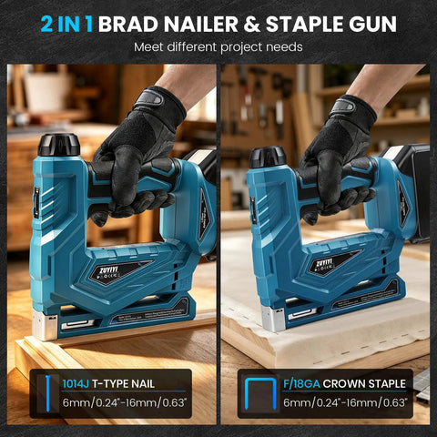 Makita 18V Compatible Cordless Brad Nailer And Stapler 2 In 1 for 18ga fasteners, showing t-type nail and crown staple features.