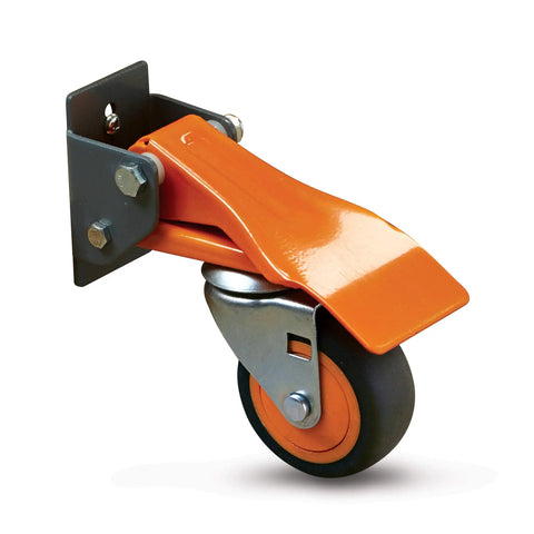 Drop Dead Heavy Workbench Caster Wheel Kit with sturdy orange swivel wheel and durable rubber tire for easy shop mobility.