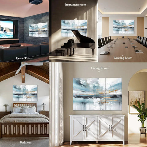Collage showing Six Pack Art Acoustic Panels 72 By 48 Inches Large Self Adhesive Soundproof Wall Panels in various rooms
