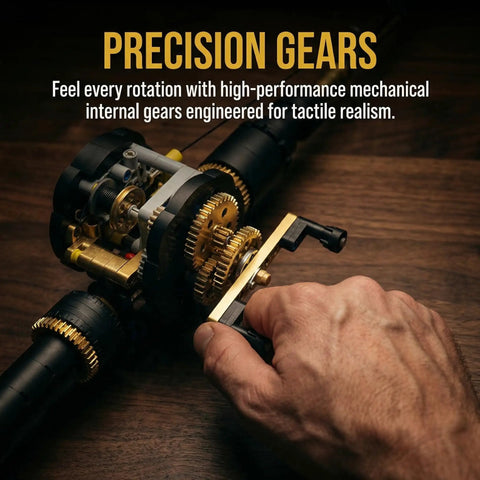 Close-up of Fishing Rod Building Block Set gears with a hand, from the 589+ piece STEM set for kids and adults, showing precision