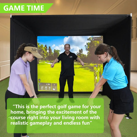 Foldable Golf Enclosure Kit For Home Use With Easy Setup And Space Saving Indoor Golf Simulator For Realistic Full Swing Practice And Durable Weather Resistant Materials For Solo Or Family Training displaying virtual course.