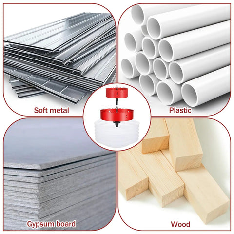 Materials cut by All In One Pro Grade Recessed Lighting Hole Saw Kit with 4 inch and 6 inch cutters: metal, plastic, wood, gypsum board.