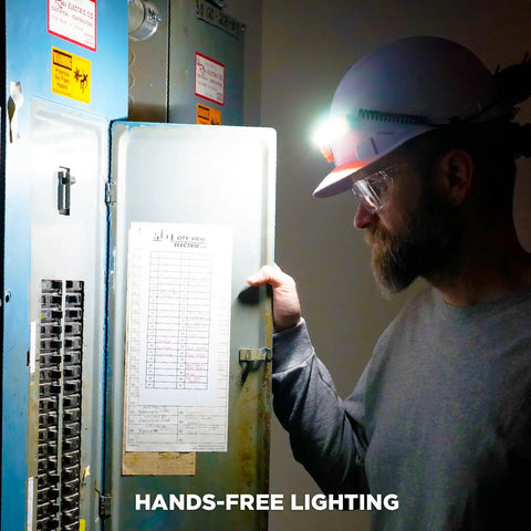 Worker wears Skullerz 8886 Wide Beam Headlamp with Hard Hat Mount and Rechargeable Power Bank for hands-free lighting.