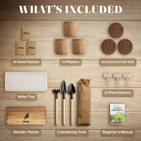 Wildflower Seed Mix Growing Kit With Perennial And Annual Flowers, Burlap Planters, Soil Discs, Wooden Box, Essential Tools