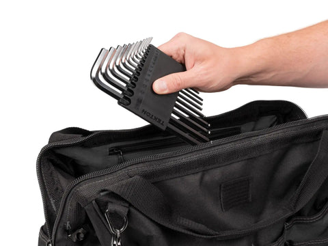 Ball End Hex And Star Key Set With Holders 41-Piece Chrome Finish Tool Kit for Mechanics being placed in a bag