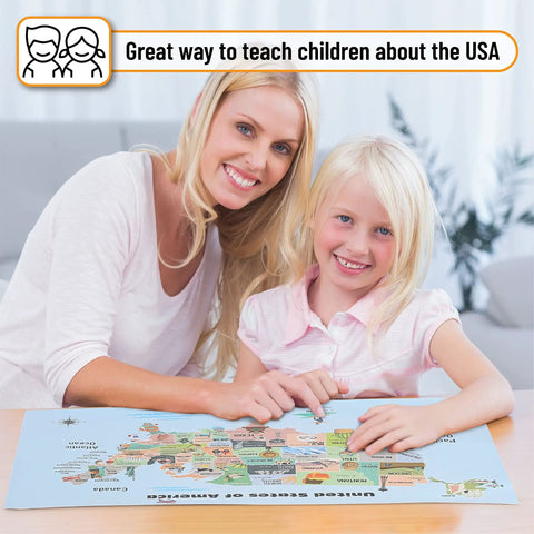 Children with United States Map For Kids Poster Large 24.6 By 14.5 Inches Laminated 200Gsm Colorful Educational Poster