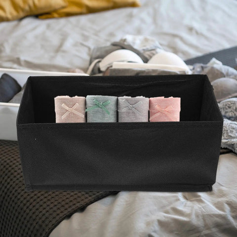 Hella Durable Non Woven Underwear Drawer Organizer Unit With Multiple Divided Compartments To Keep Your Socks Locked Tight, showing organized socks in a black textile box.