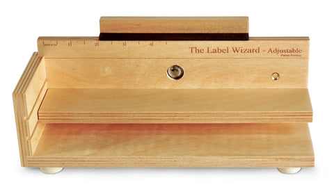 Adjustable Label Applicator Tool for Round Bottles Jars And Candles Slick Peel And Stick Positioner, wooden design.