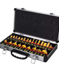 24 Piece 1/4 Inch Shank Router Bit Set Premium Carbide Cutters in a case for sharp trimming and milling.