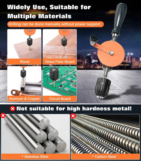Hand Drill With Keyless Chuck Three Eighths Inch Capacity Cast Steel Body 13-Piece Bit Set for wood, glass, aluminum, and circuit board