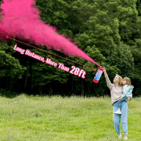 Go Hard On This Premium Gender Reveal Fire Extinguisher Two Pack delivering hella long powder spray outdoors with pink smoke.