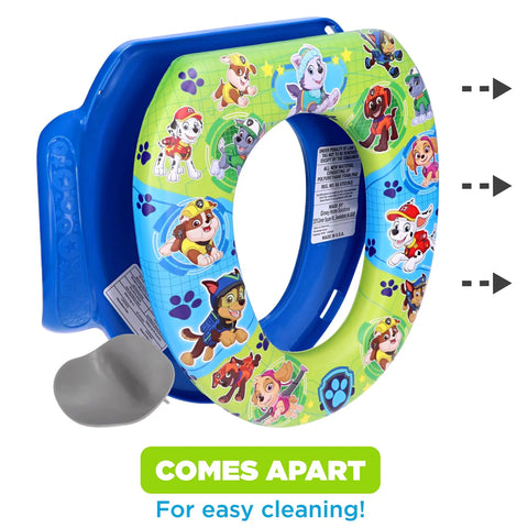 Toddler Potty Training Seat With Comfy Cushion And Sure Grip Handles Easy Cleanup Fits Regular Toilets BPA Free, colorful design with removable splash shield.