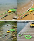 Marine Tow Line With Pulley And Buoyant Bungee Dock Rope in use on beach, river, and dock for boats, showing stainless hardware.