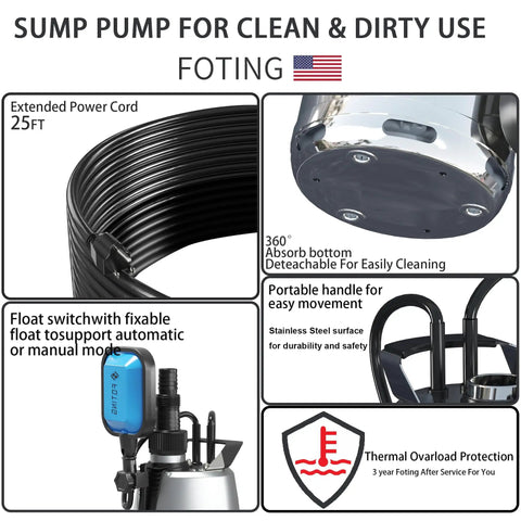 1HP Submersible Sump Pump With Float Switch Auto And Manual Modes 3500 GPH Stainless Steel Construction parts detail