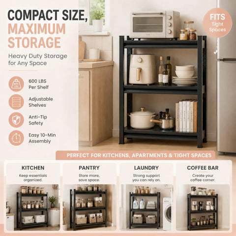 4 Tier Metal Kitchen Shelf with Adjustable Baker's Rack Organizer 44H X 20W X 14D in a kitchen setting