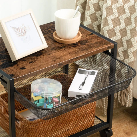 Under Desk Printer Stand With Wheels, Industrial Grade 2 Tier Printer Cart On Casters with supplies, rustic brown and black finish