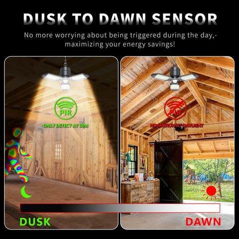 Plug In Garage Light With Motion Sensor 80W 8000LM Deformable LED Shop Light demonstrating dusk to dawn sensor capabilities in barn setting.