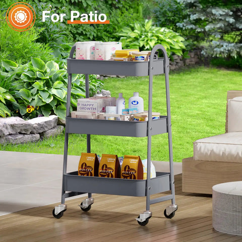 Three Tier Metal Rolling Cart With Lockable Wheels, Heavy Duty Mobile Storage Shelf For Living Room, Kitchen, Office Or Bathroom, Rust Resistant Steel, Adjustable Shelves, Grey in garden setting