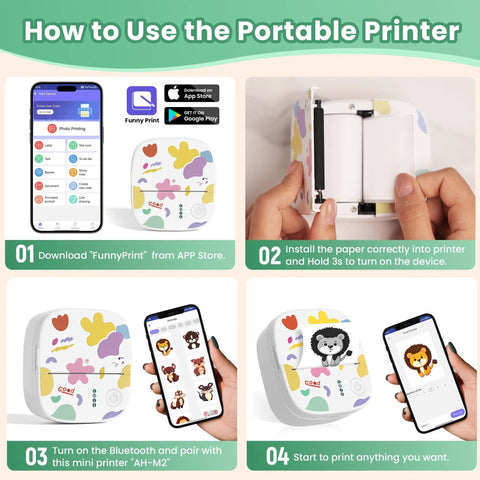 Instructions on using Portable Mini Sticker Printer With Bluetooth Inkless Thermal Technology, 3 roll paper pack shown