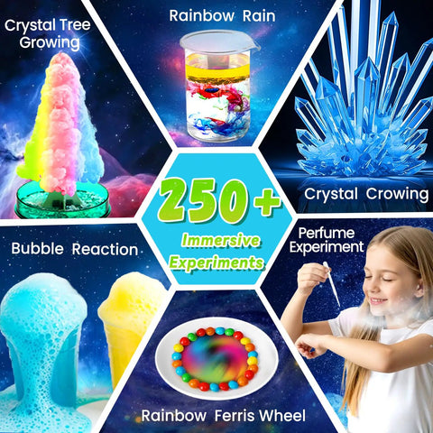 Hands On Science Kit With 250 Plus Experiments For Kids, STEM Activities, Volcano Eruption And Crystal Growth, Educational Chemistry Set Gift For Curious Learners, featuring crystal tree growing and rainbow rain