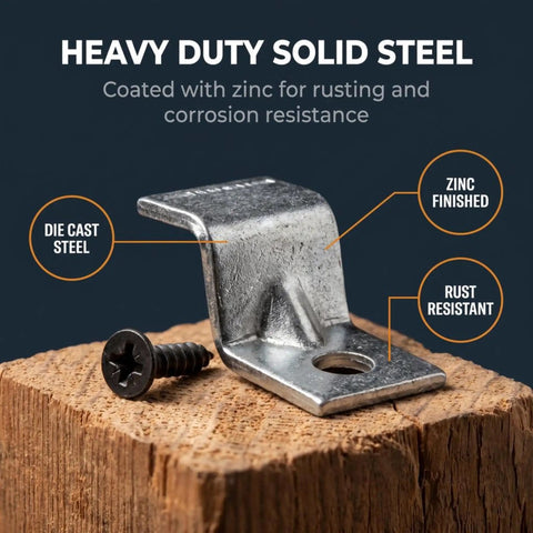 Heavy duty steel Z bracket with black screw on wood, part of No Sweat Assembly Z Bracket Tabletop Fastener Kit With Black Screws Delivers Hella Strong Grip Secures Table Tops To Rails Manages Humidity Shifts Heavy Duty Steel 20 Pack Bundle.