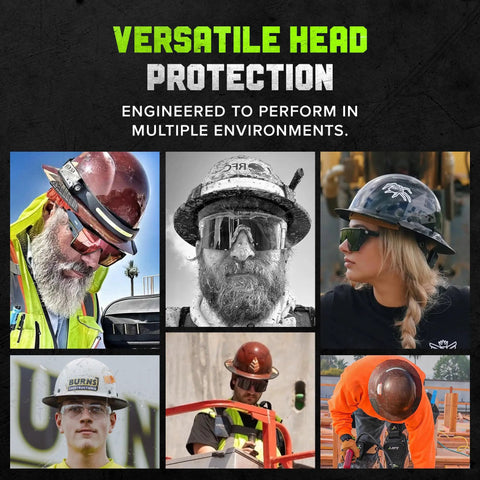 Collage of workers wearing Dax Carbon Fiber Full Brim Hard Hat With Reinforced Shell All Day Comfort Built Tough Expanded Protection.