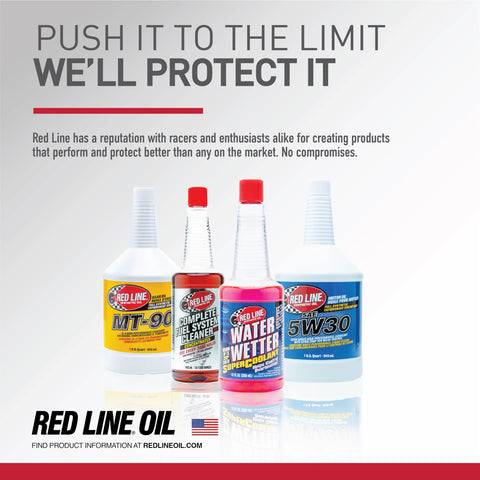 Red Line oil product lineup poster with bottles of MT-90, fuel system cleaner, WaterWetter, and 5W-30
