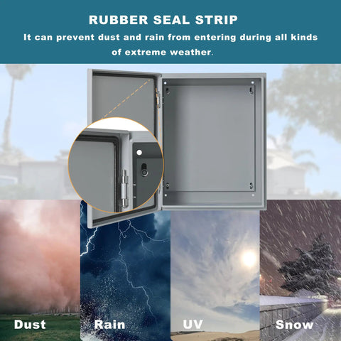 Weatherproof Outdoor Electrical Enclosure Box 12 By 8 By 6 Inches, showing open door with rubber seal strip, preventing rain and dust.
