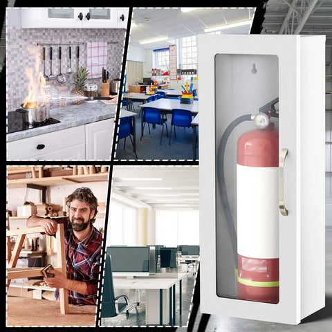 Rock Solid Two Pack White Steel Fire Extinguisher Cabinet Built Tough For Wall Or Surface Mount with clear acrylic window.