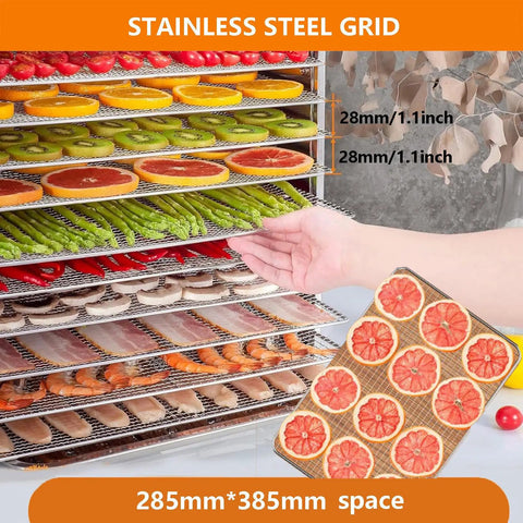 Professional Electric Food Dryer With 20 Tray Capacity And Precision 24 Hour Timer for drying fruits, vegetables, and meats on stainless steel trays.