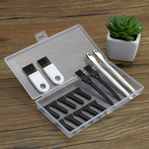 17 Piece Herb Grinder Cleaning Kit With Scrapers Spoons Long And Short Brushes And Storage Box on wooden surface
