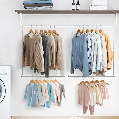 Expandable Dual Closet Rod, Space Saving Wardrobe Extender, clothes hanging on slick chrome rods in organized closet.