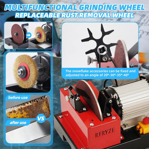 Image of Beast Mode Eight Hundred Watt Lawn Mower Blade Sharpener and Bench Grinder with grinding wheels for rust removal and sharpening.