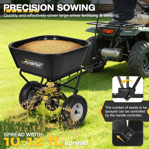 Tow Behind Broadcast Spreader For Lawn And Garden With 130 Lb Hopper, Adjustable Flow Control, 12 Ft Spread Width, attached to ATV