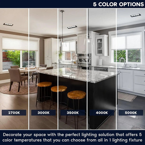 Four Head Regressed Gimbal Led Recessed Spotlight in 5 color options from 2700K to 5000K, installed in modern kitchen.
