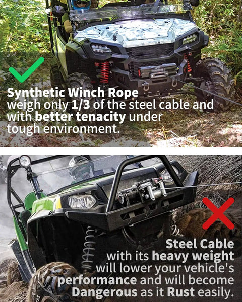 Comparison of synthetic winch rope and steel cable on off-road vehicles, highlighting durability and weight differences.