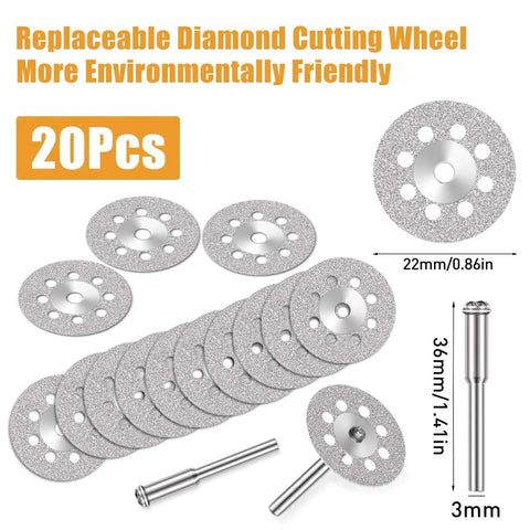 20-piece set of diamond cutting discs, 22mm diameter, 3mm shank; includes 4 mandrels and screwdriver for Dremel rotary tools