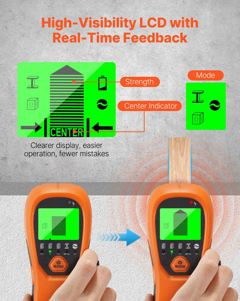 No More Blind Swinging Drill Holes 5in1 Stud Finder Wall Scanner with LCD display showing real-time feedback and mode indicators.
