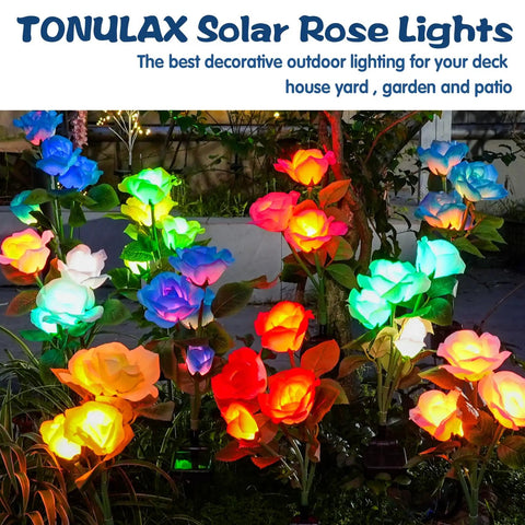 Solar Rose Garden Lights Set Upgraded Outdoor Lighting With 7 Color Changing Roses for yard and garden decor at night