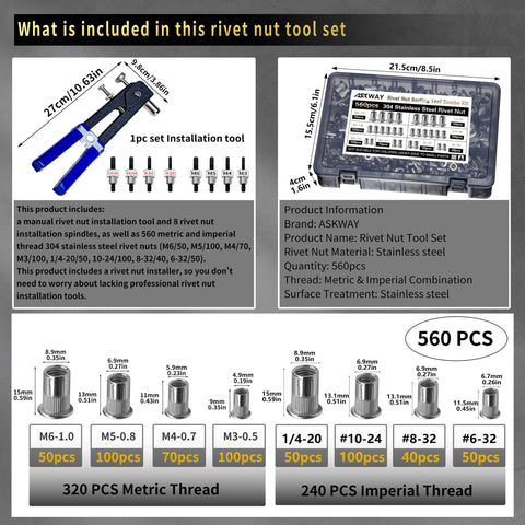 560 Piece Stainless Steel Rivet Nut Kit With Manual Rivet Nut Tool, Eight Metric And SAE Thread Sizes, 304 Stainless Rivet Nuts