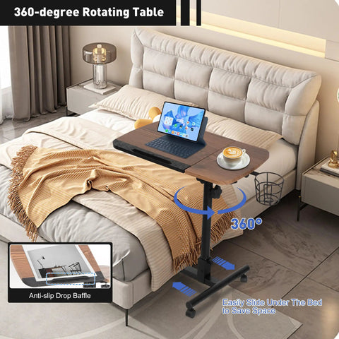 Super Chill Rolling Laptop Desk With Height Adjustable Dual Shelves And On Board Cup Holder Hella Flexible Bedside Table next to a bed with a laptop and cup.